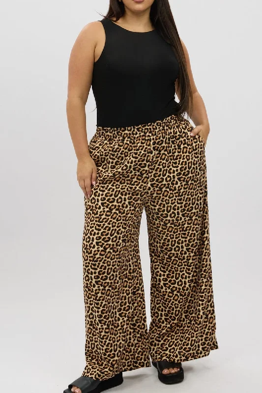 Black Animal Print Wide Leg Elastic Waist Pants Modern Skinny Pants