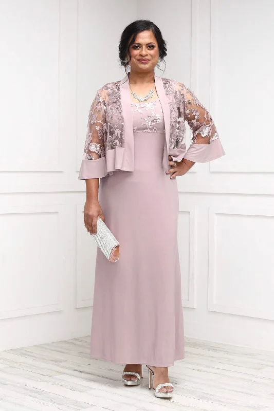 Petite Women's 2 Piece Sequin Lace Jacket Long Dress - Mother of The Bride Jacket Dress Satin Jacket Silk Jacket Chiffon Jacket