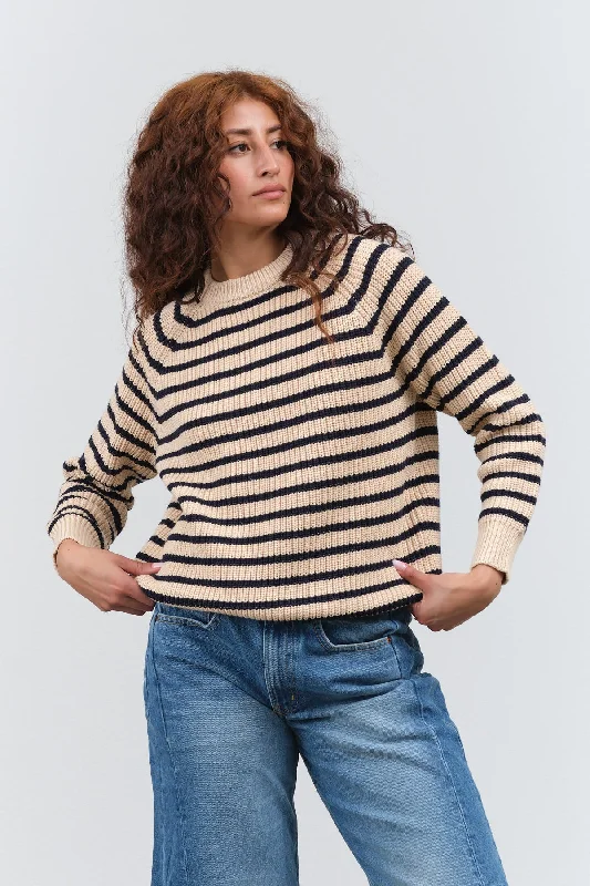 Phoebe Stripe Sweater in Natural/Navy Zippered Buttoned Snapped
