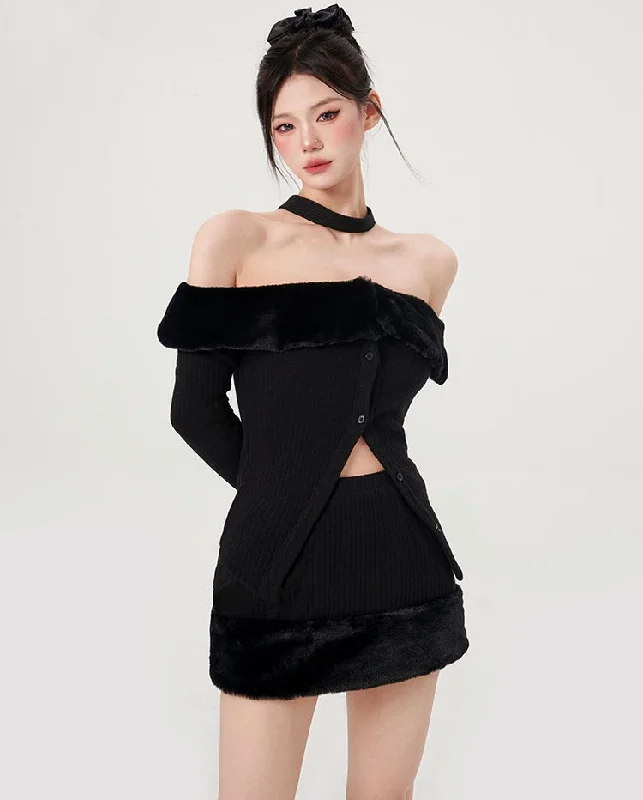Crystal Solid Color Black Patchwork Off The Shoulder Button Up Lon Sleeve Slim Top Mini Skirt Matching Set midi skirt versatile