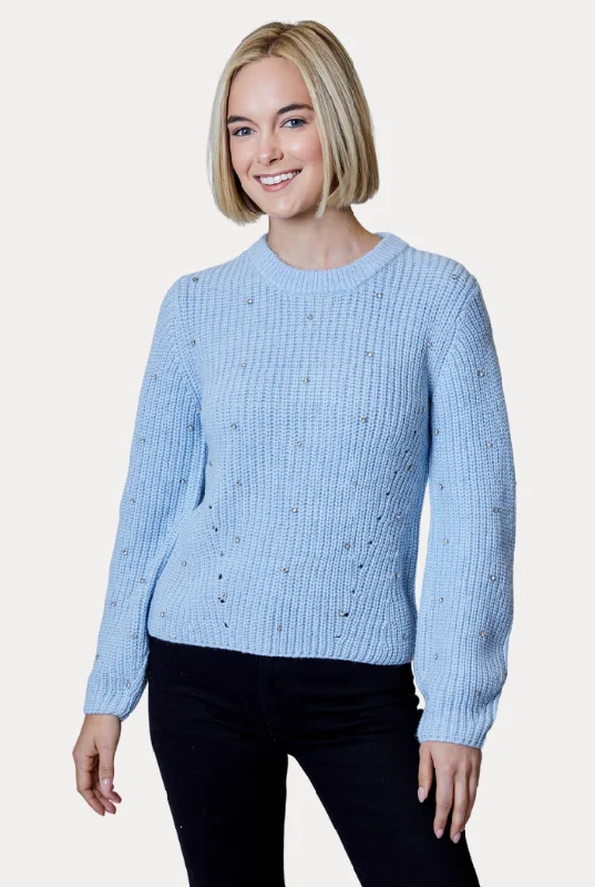 Design History Embellished Diamond Pontelle-Knit Sweater in Blue Frost Iron Safe Non-Iron Wrinkle Free