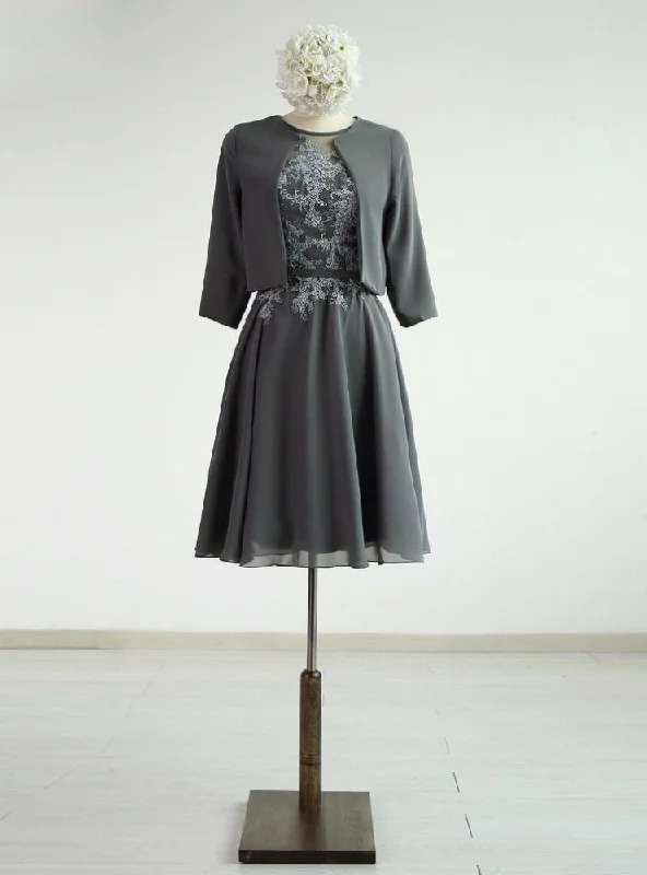 Grey Chiffon A-line Knee-Length Mother Of The Dress With Jacket Tailored Jacket Straight Jacket A-Line Jacket
