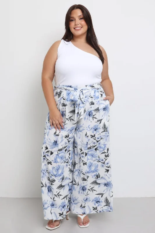 Blue Floral Wide Leg Pants Belted Trendy Palazzo Pants