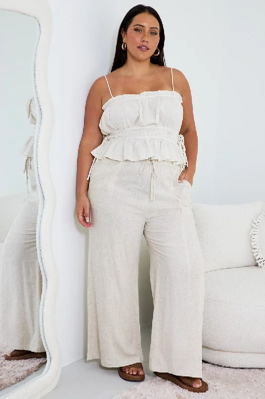 Beige Seam Detail Linen Blend Wide Leg Pants Classic Flared Pants