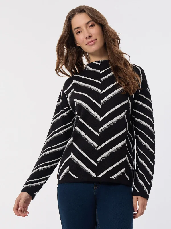 Mock Neck Chevron Jacquard Sweater Spandex Blend Rayon Blend Denim Blend