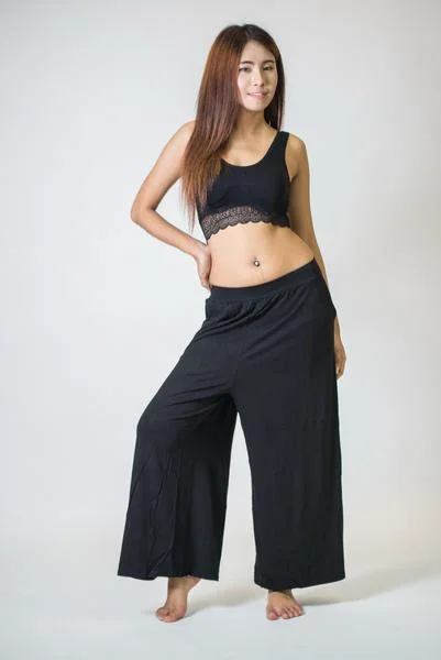 Womens Solid Color Stretchy Palazzo Pants in Black Trendy Printed Leggings