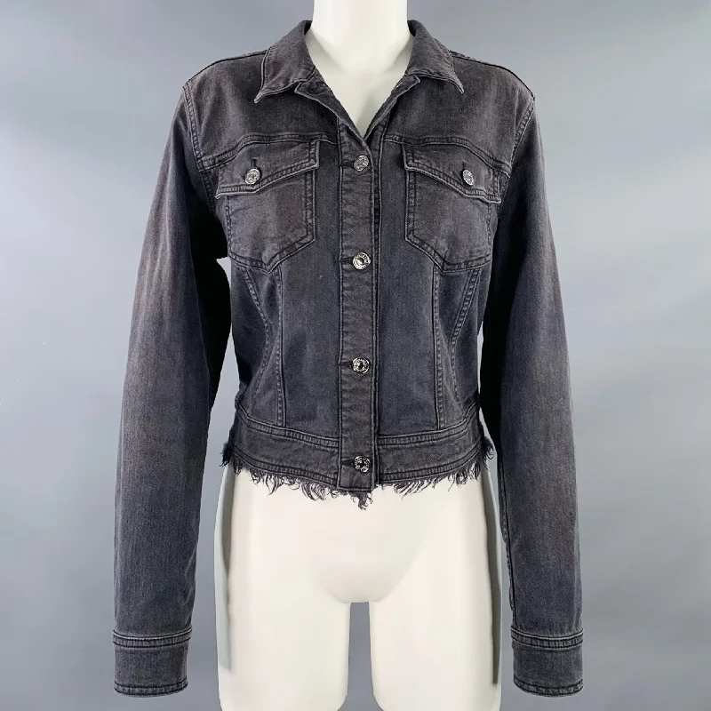 7 FOR ALL MANKIND Size M Grey Cotton Blend Denim Beaded Button Up Raw Edge Jacket Boat Neck Shawl Collar Notched Collar