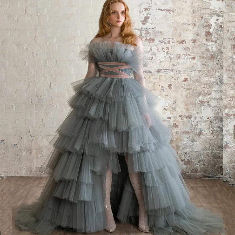 Cinessd Gorgeous Dusty Blue Ruffled Tulle Prom Dresses Long A Line Tiered Evening Gown Sleeveless Backless Party Dress Boatneck Modish Everyday Cinessd Gorgeous Dusty Blue Ruffled Tulle Prom Dresses Long A Line Tiered Evening Gown Sleeveless Backless Party Dress Boatneck Modish Everyday