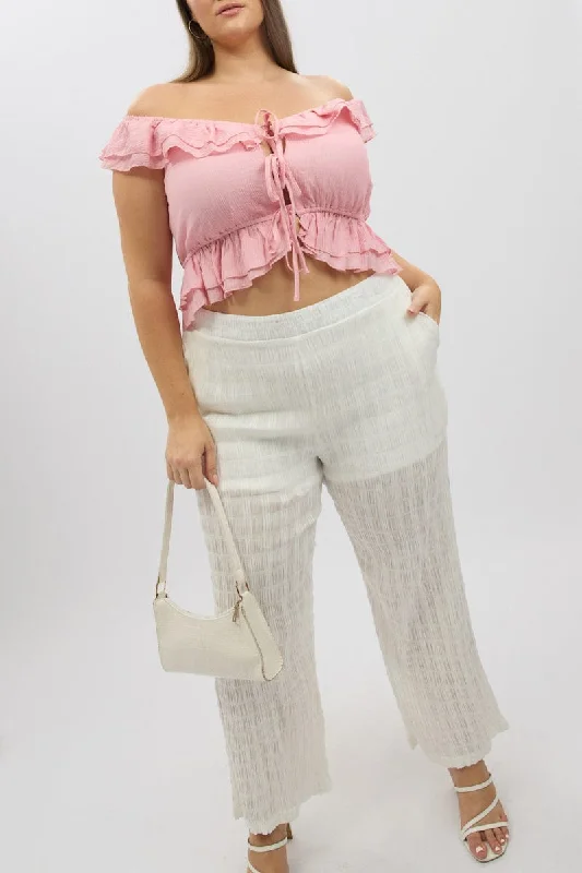 White Crinkle Texture Wide Leg Pants Trendy Printed Pants