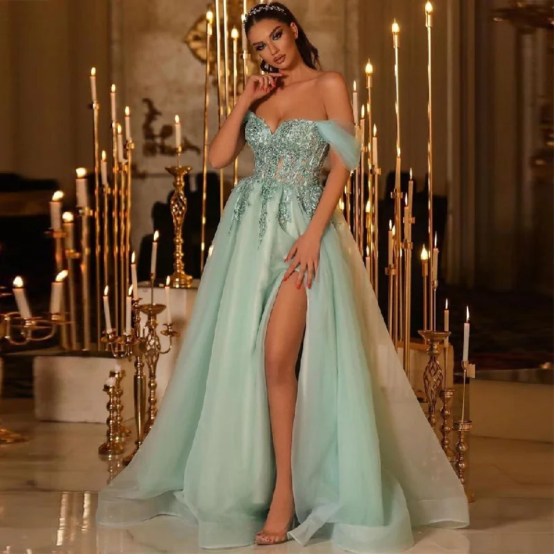 Cinessd Long Tulle Prom Dresses Lace Appliques Off The Shoulder High Side Split A-Line Dubai Formal Party Dress Evening Gowns Off-the-shoulder Chic Trendy Cinessd Long Tulle Prom Dresses Lace Appliques Off The Shoulder High Side Split A-Line Dubai Formal Party Dress Evening Gowns Off-the-shoulder Chic Trendy