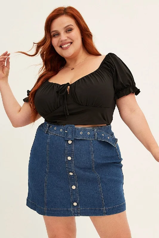 Denim Blue Mid Wash Denim Belted Button Front Mini Skirt tiered skirt playful