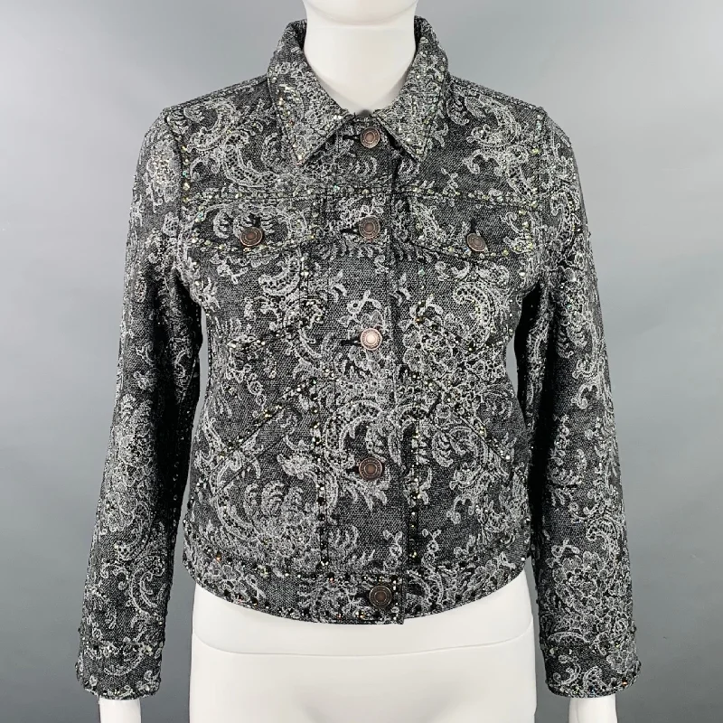 MARC JACOBS Size S Black White Denim Rhinestones Cropped Jacket Wool Jacket Cashmere Jacket Tweed Jacket