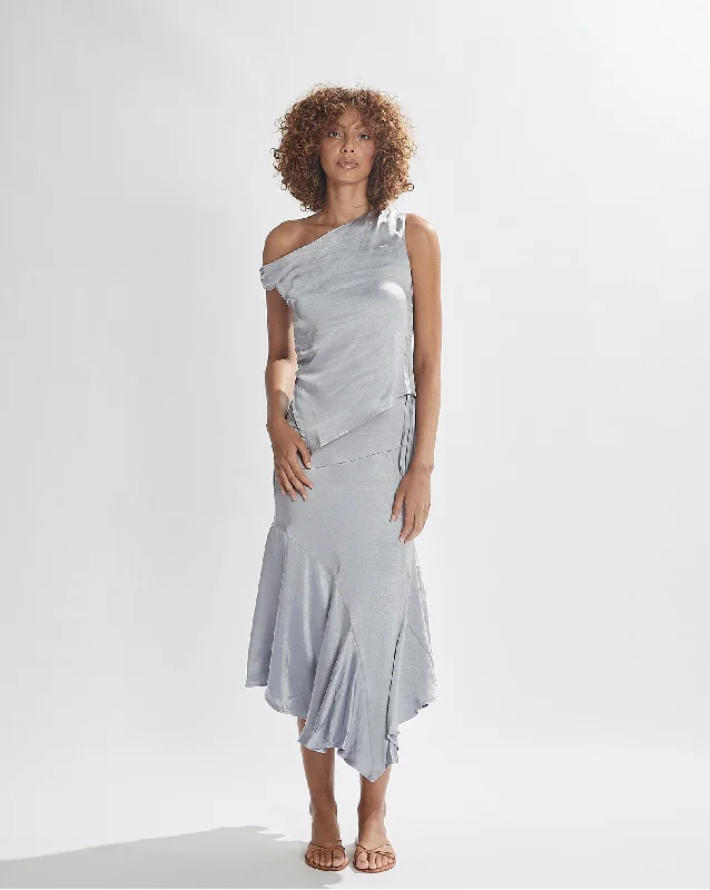 Isla Satin Midi Skirt Slate Blue linen skirt relaxed