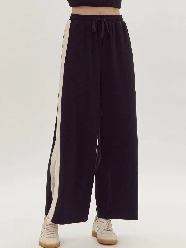 Black Ribbed Wide-Leg Pants Stretch Fit Pants