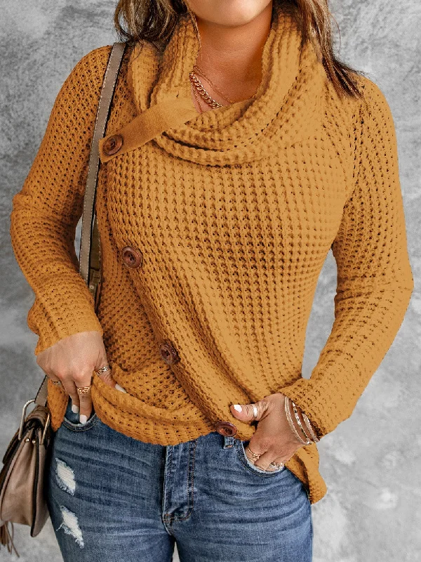 Buttoned Mustard Wrap Turtleneck Shift Sweater Collared Crew Neck Turtle Neck