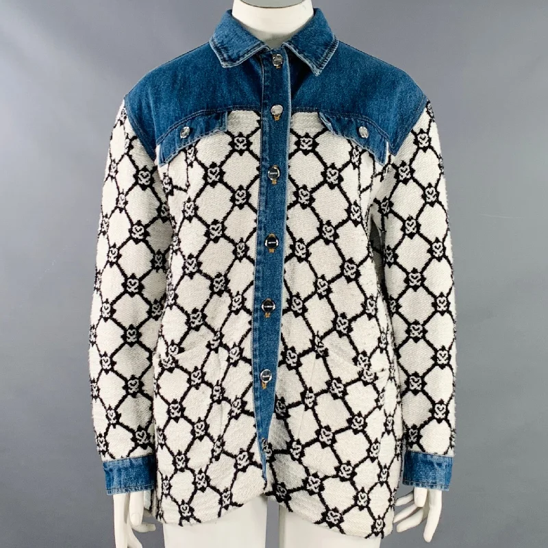 SANDRO Size L Blue Black White Hearts Cotton Blend Denim Jacket Fleece Fabric Down Fabric Feather Fabric