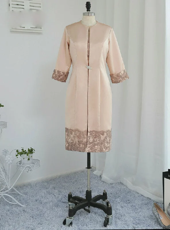 Stylish Mother Of The Bride Dresses Sheath With Jacket Satin Lace Applique Fleece Jacket Down Jacket Parka