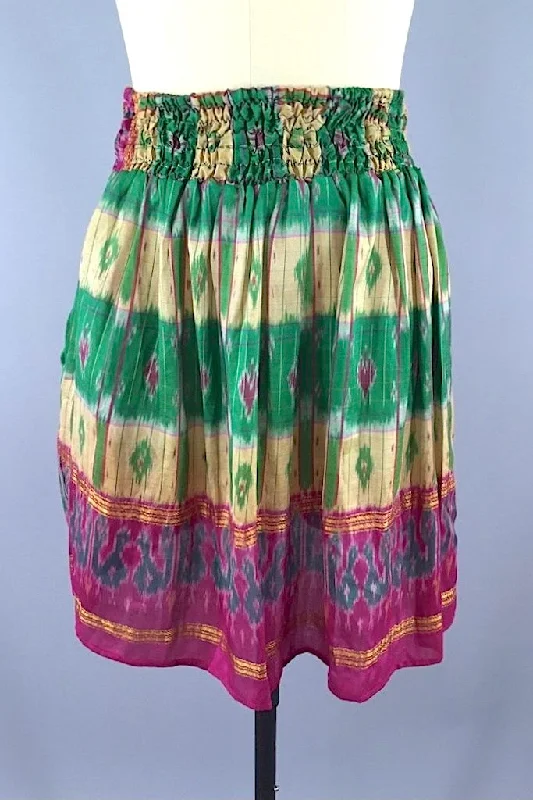 Green Ikat Print Indian Silk Sari Skirt wool skirt sturdy