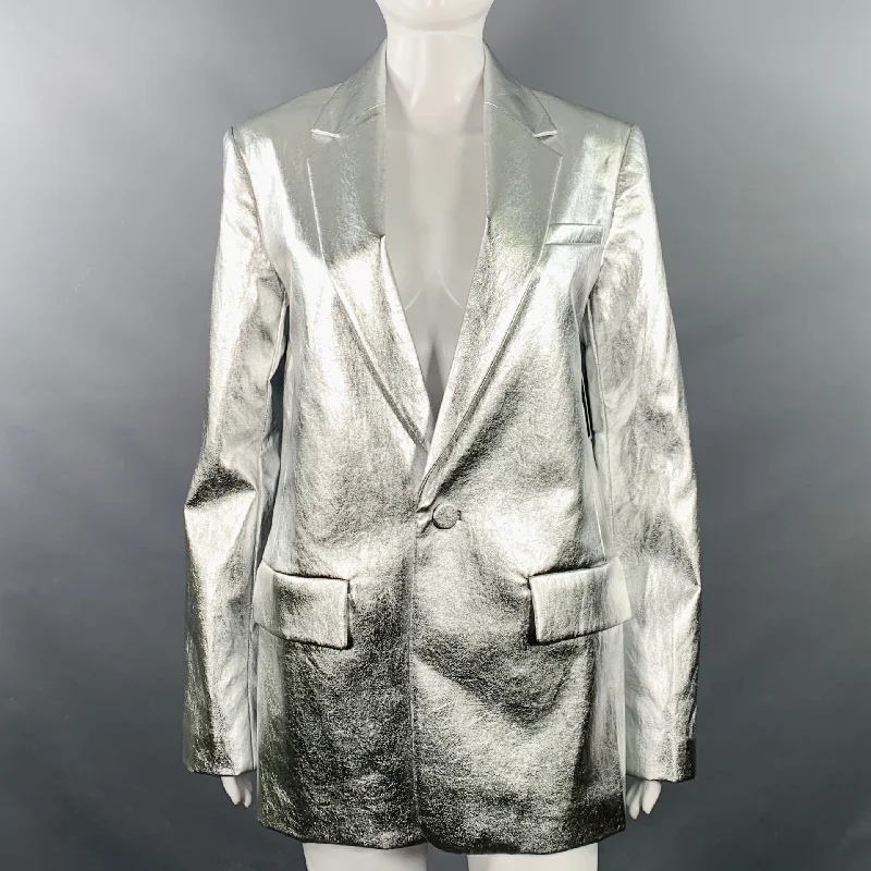A.L.C. Size M Silver Viscose Blend Metallic Jacket Blazer Tiered Jacket Buttoned Jacket Zippered Jacket