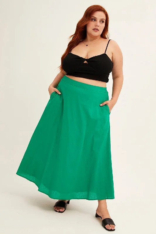 Green Midi Skirt Cotton Blend high slit skirt