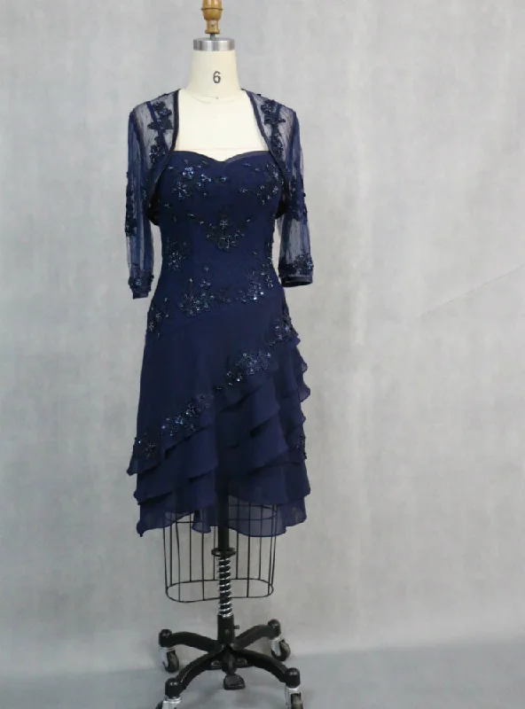 Blue Appliqued 3/4 Sleeve Knee Length Mother of the Bride Dress With Jacket Faux Fur Jacket Real Fur Jacket Shearling Jacket Blue Appliqued 3/4 Sleeve Knee Length Mother of the Bride Dress With Jacket Faux Fur Jacket Real Fur Jacket Shearling Jacket