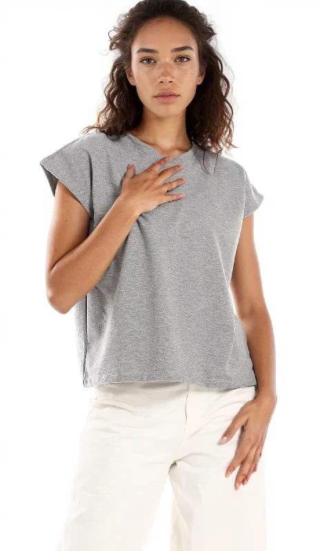 98867 Round Neck Cap Sleeves T-Shirt - Light Grey-- Houndstooth Herringbone Solid