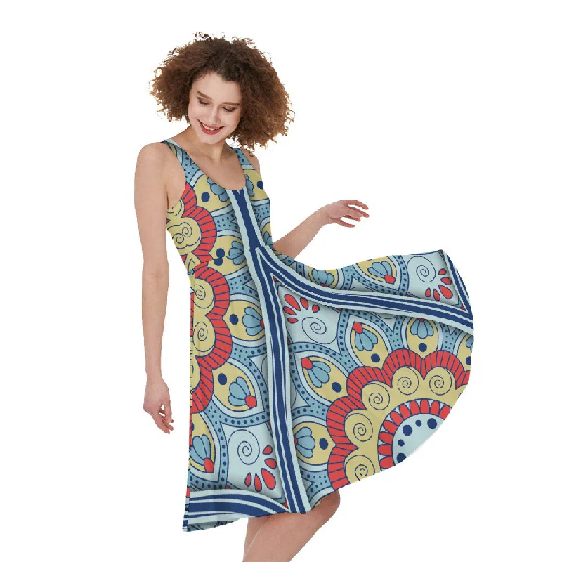 Pastel Ornament Mandala Print Sleeveless Knee Length Dress empire Waist empire