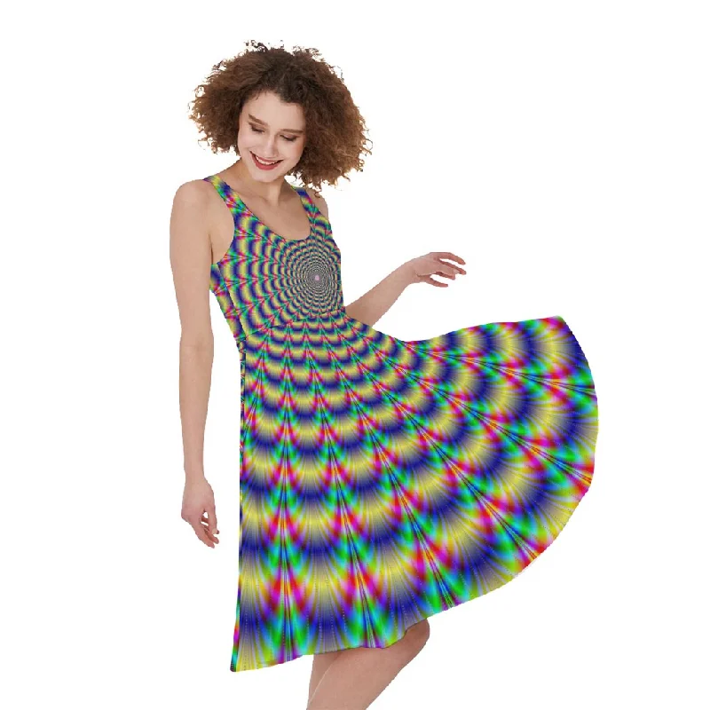 Psychedelic Explosion Optical Illusion Sleeveless Knee Length Dress Tunics Polka dots