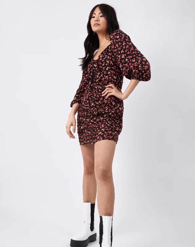 Sweetheart Tie Neck Mini Dress in Black Pink Floral | Annie Chic Pleated Mini Dress