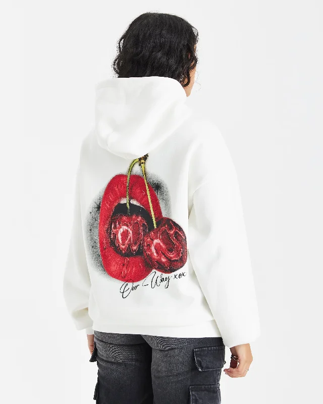 Cherries Oversized Hoodie - White/Black/Red Hoodie with Cropped Fit Short Trendy