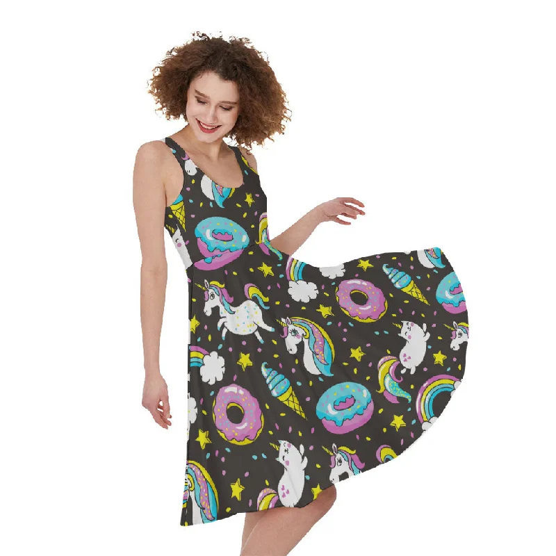 Girly Unicorn Donut Pattern Print Sleeveless Knee Length Dress Tunics Chic elegant