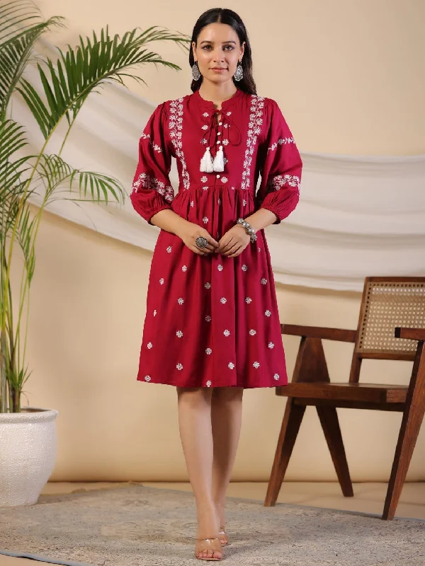 Women Wine Rayon Embroidered Dress Tunics Practical durable