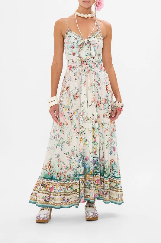 LONG DRESS WITH TIE FRONT PLUMES AND PARTERRES Tunics Luxurious high-end