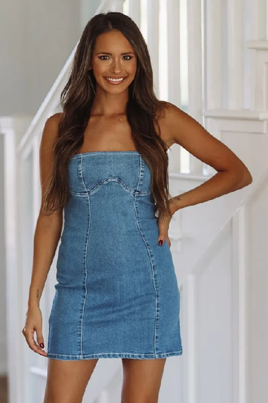 Talk About it Mini Dress - Denim Cozy Long Sleeve Mini Dress