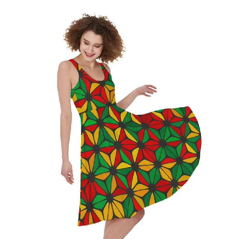 Geometric Reggae Pattern Print Sleeveless Knee Length Dress Tunics Cozy soft
