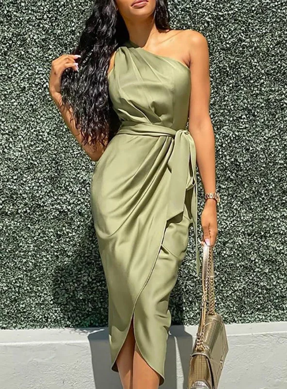 Women Sexy One Shoulder Ruched Design Party Dress Tunics Long Elegant