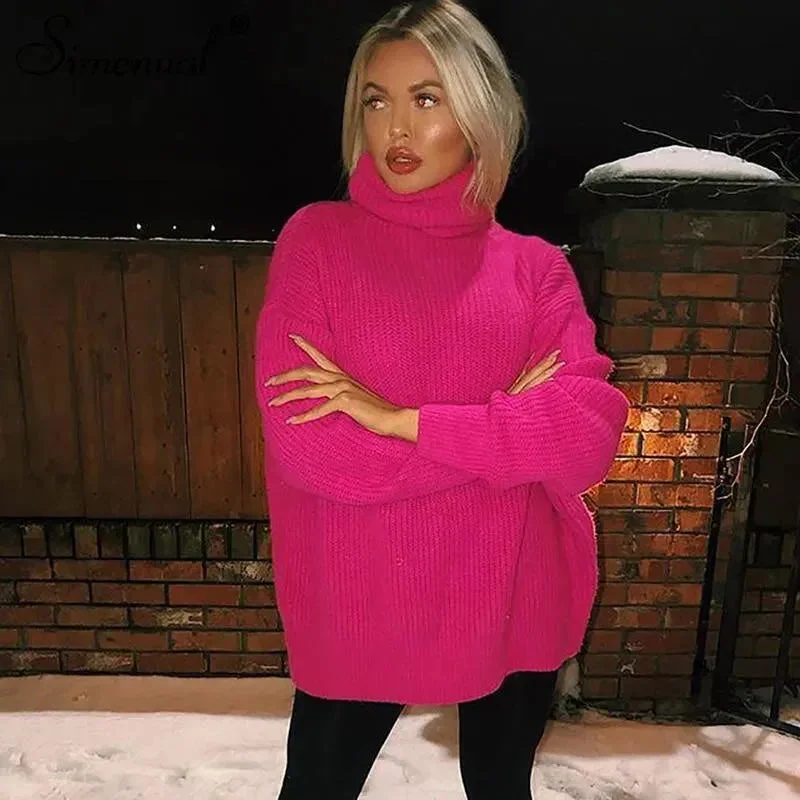 Oversized Women Turtleneck Sweater Cashmere Blend Cotton Blend Poly Blend
