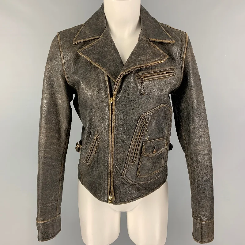 RALPH LAUREN Size S Brown Antique Leather Biker Jacket Appliqued Jacket Beaded Jacket Sequined Jacket RALPH LAUREN Size S Brown Antique Leather Biker Jacket Appliqued Jacket Beaded Jacket Sequined Jacket