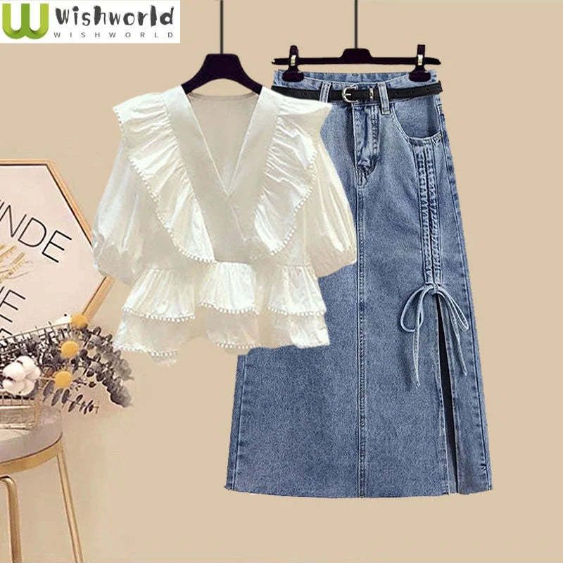 Large Women's Summer Set Women's 2024 New Fashion Age Reducing Top Wrapped Waist Covering Belly Half Skirt Two Piece Set pleated skirt texture