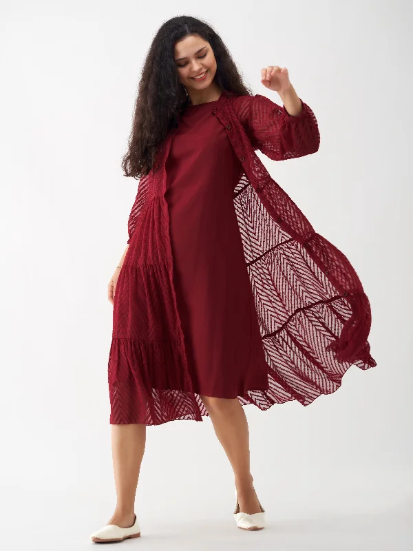 Maroon Oak Crepe Chiffon Swiss Dot Boat Neck Tunic Top with Jacket Chenille Fabric Brocade Fabric Lace Fabric