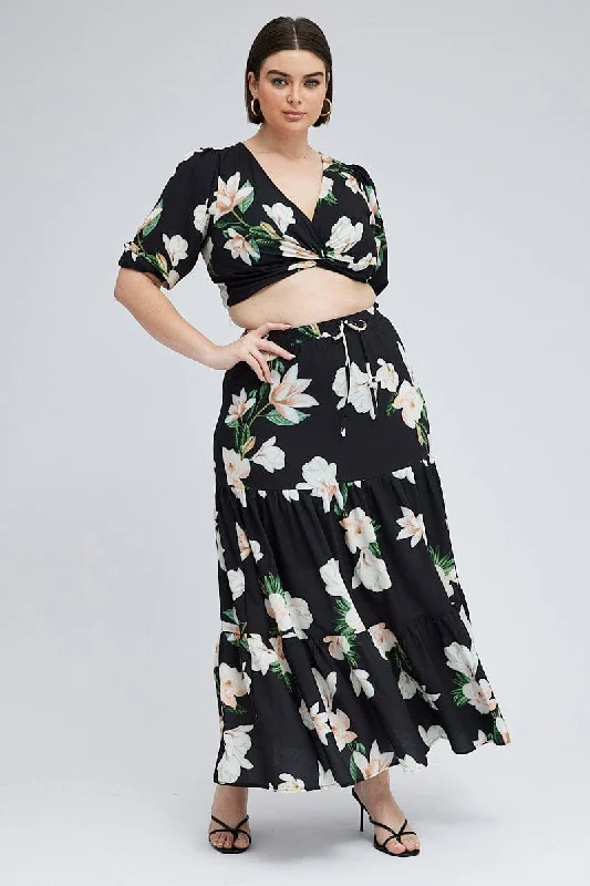 Black Floral Elastic Waist Maxi Skirt chiffon skirt lightweight