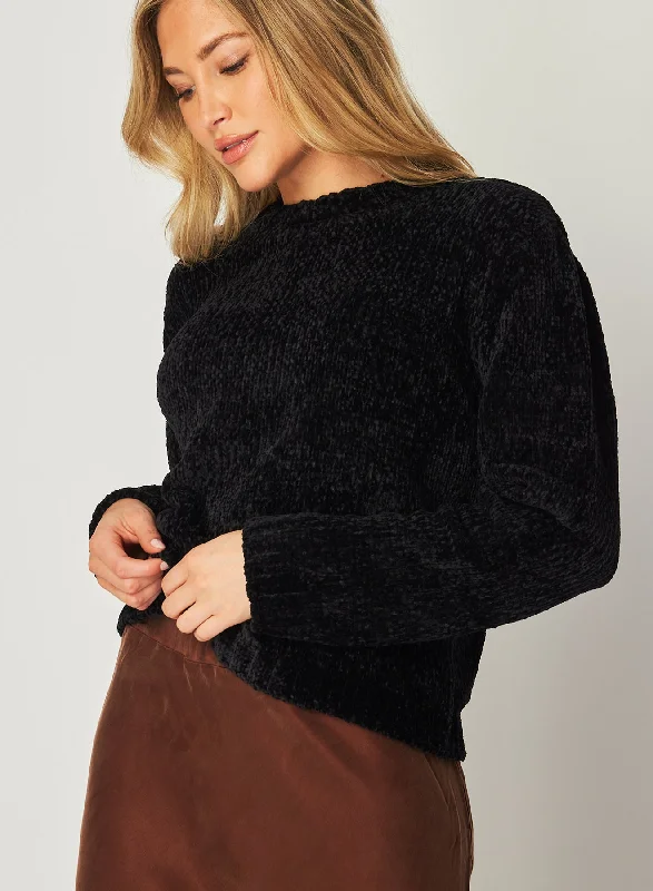 Crew Neck Chenille Sweater - Black Turtle Neck Boat Neck Asymmetrical Neck