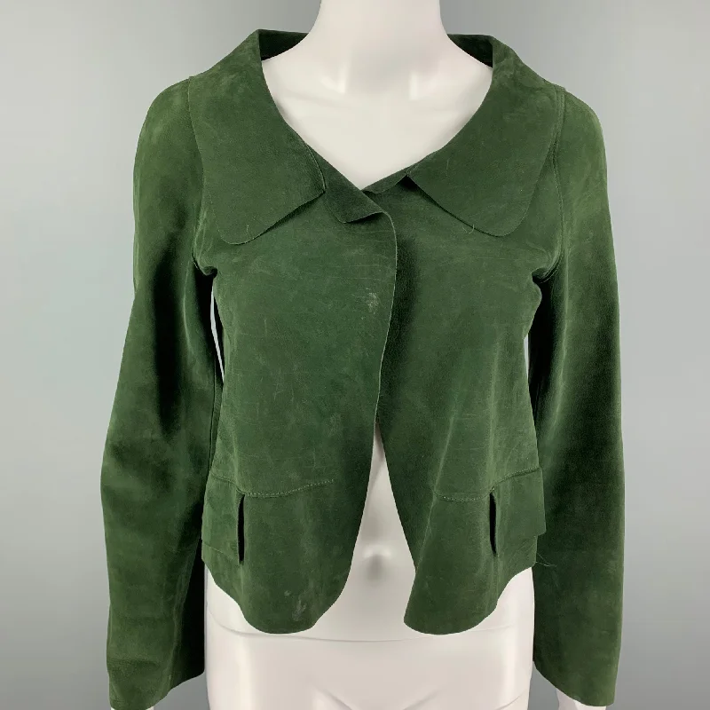 MARNI Size 4 Green Suede Buttoned Jacket A-Line Jacket Boat Neck Shawl Collar